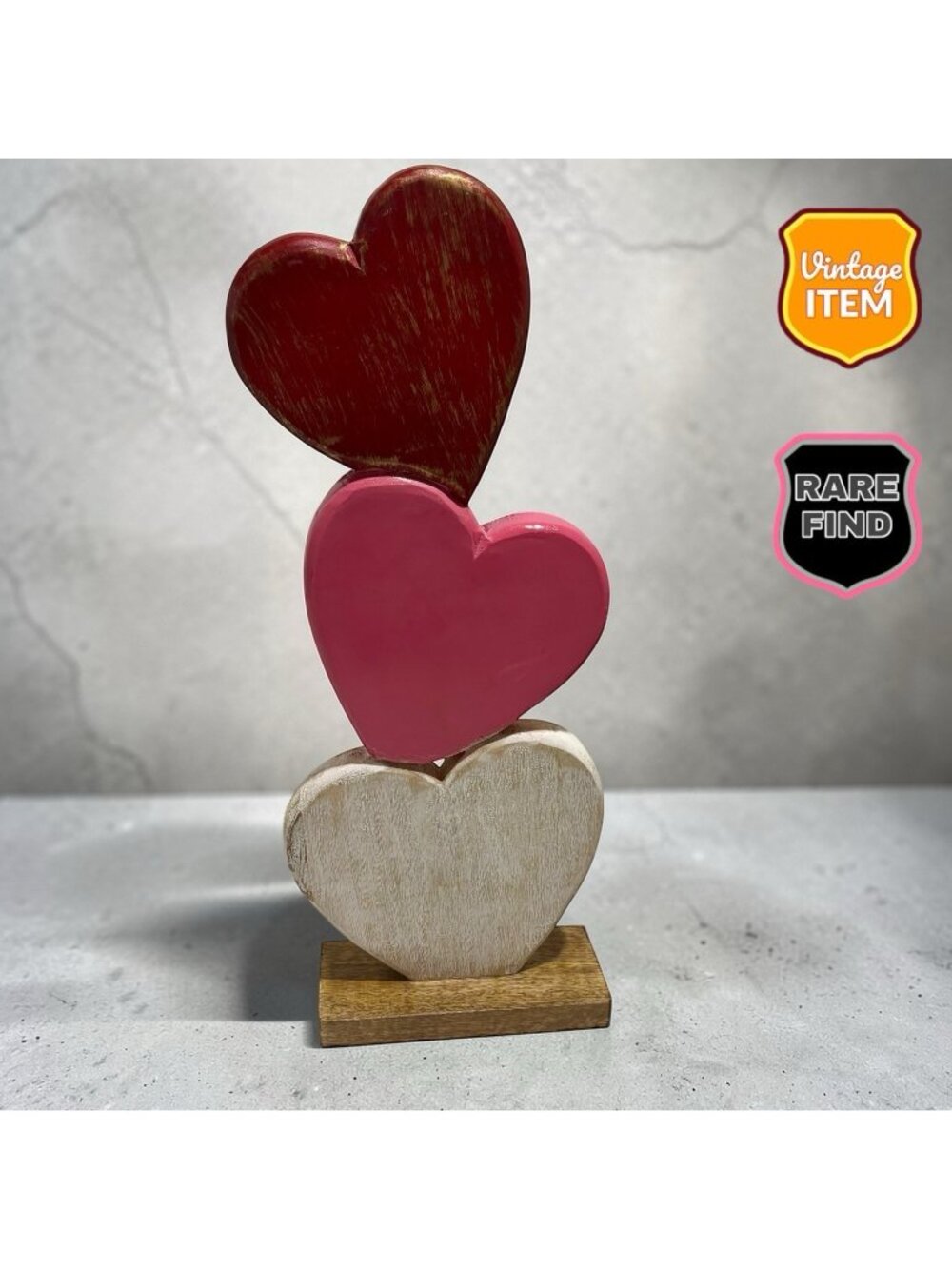 Vintage Rustic Wooden 3 Heart Sculpture Hand Carved 20 X 8 Boho Farmhouse Decor.